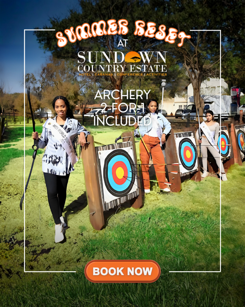 Guests enjoying archery activity at Sundown Country Estate near Rustenburg, included in the Summer Reset accommodation special