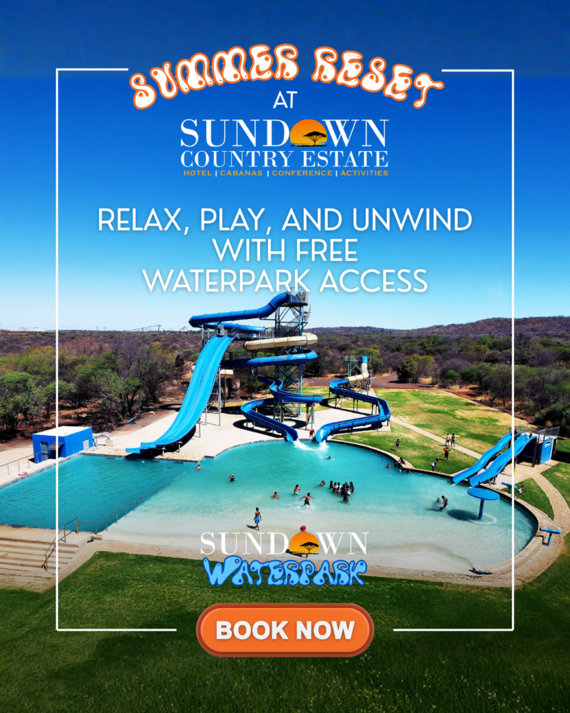Family enjoying free waterpark access at Sundown Country Estate near Pilanesberg, a popular summer getaway from Johannesburg and Pretoria