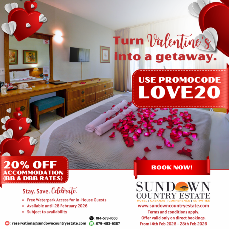 20% off Valentine’s accommodation special at Sundown Country Estate – romantic hotel room near Pretoria and Johannesburg