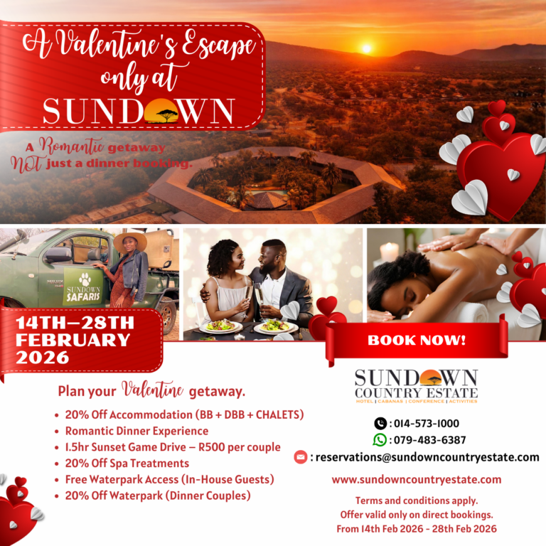 Valentine’s Escape 2026 at Sundown Country Estate – romantic bushveld hotel getaway near Johannesburg and Pretoria in North West Province