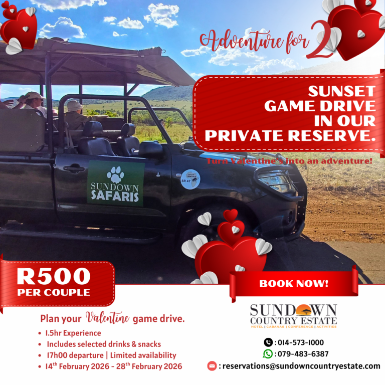 Valentine’s sunset game drive for couples at Sundown Country Estate private reserve near Rustenburg