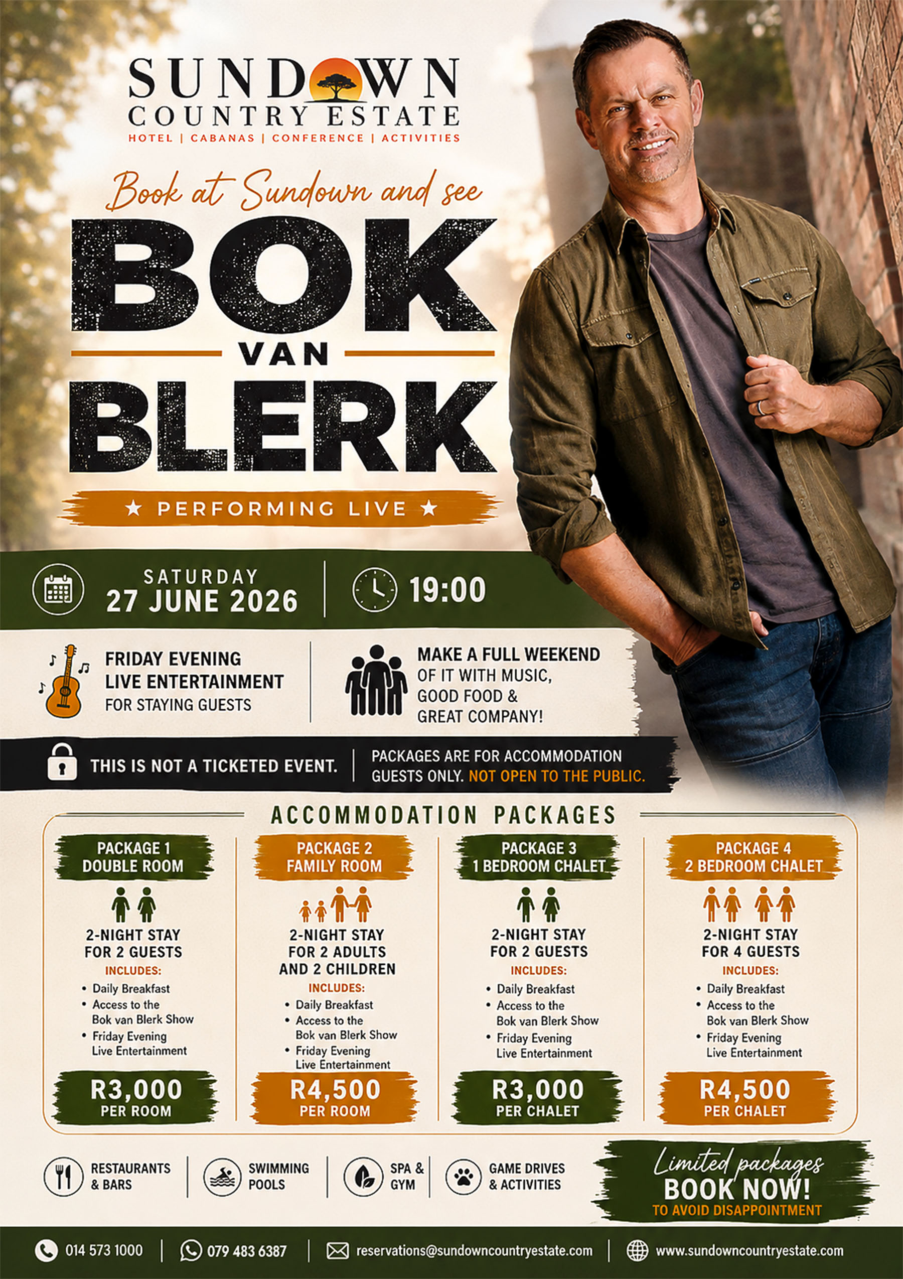Bok van Blerk accommodation packages at Sundown Country Estate near Sun City and Pilanesberg
