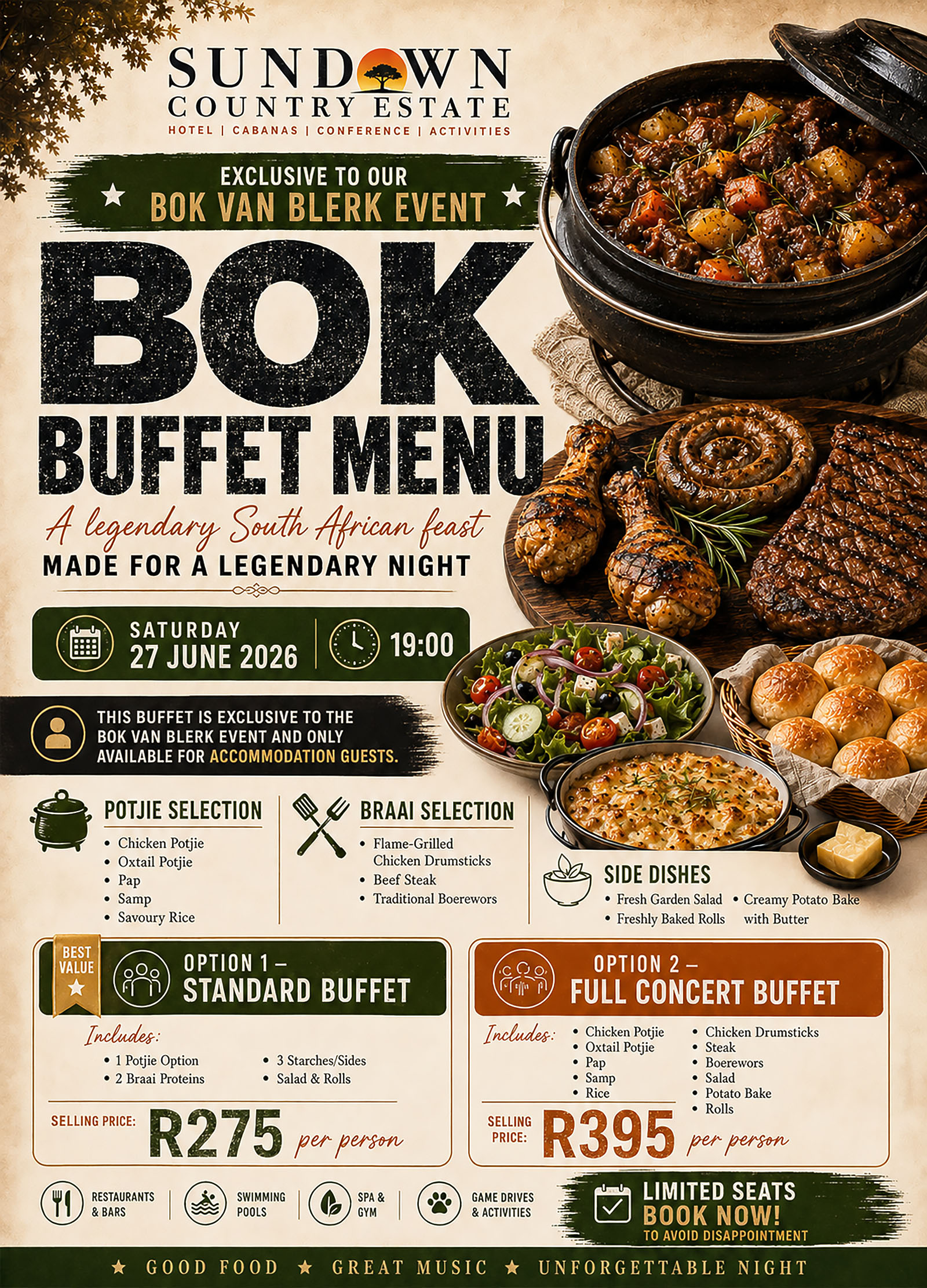 Bok Buffet menu at Sundown Country Estate for the Bok van Blerk event weekend